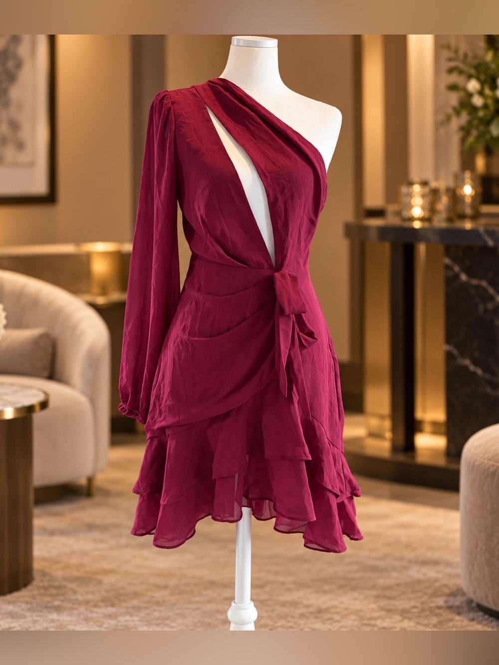 SHEIN Haute Burgundy One Shoulder Cutout Ruffle Dress Size S